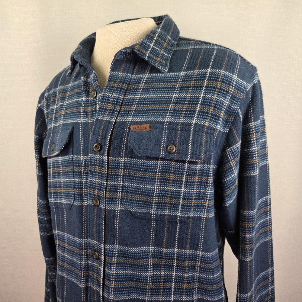 Orvis Big Bear Heavyweight Flannel Shirt Men's M Blue Plaid Pockets Outdoors